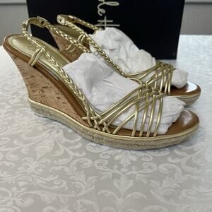 Cole Haan Andra 8.5 Gold Leather Braided Slingback Cork Wedge Sandals Womens 4"
